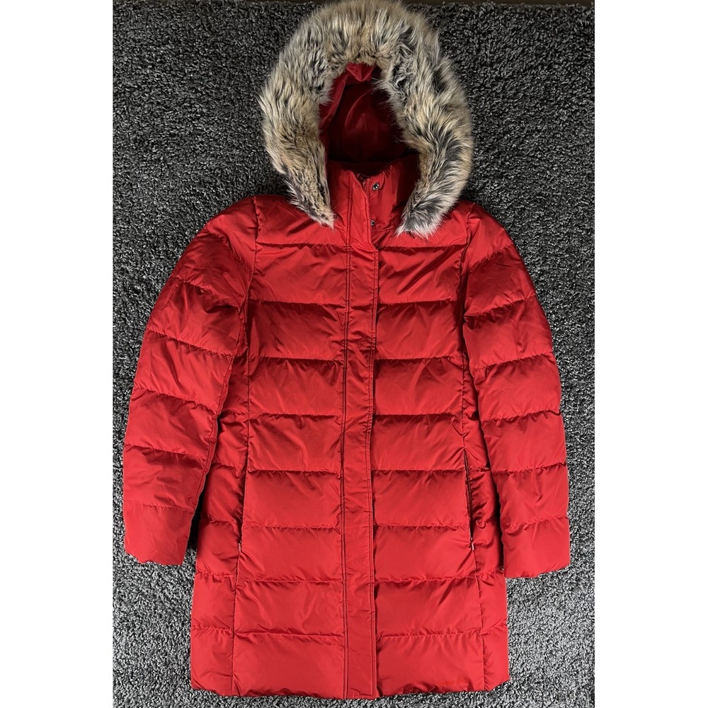 Lands' End Puffer Coat Women's S/T 6-8 Red Down Jacket Faux Fur Hood Winter
